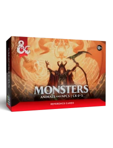 An RPG supplemental product titled "Dungeons & Dragons Reference Cards: Monsters - Animals & NPCs" across the bottom of the cover.  The art features an elderly, pale skinned person dressed in tattered robes and horns standing before a fiery portal through which a similarly horned demon emerges.