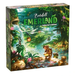 A board game titled "Everdell: Emerland - Collector's Edition" in large, green font across the top of the box.  The art below features a digital painting of a tropical rainforest with a winding river through the center.  Clothed capibara climb a hill while a dragonfly carries a basket through the foreground.