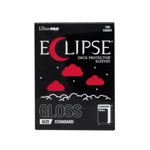 A trading card game sleeve box with the words "Eclipse Deck Protector Sleeves" in white font at the top of the otherwise black cover.  The 'c' is shaped like a crescent moon, and little cloud punch-outs across the rest of the cover reveal the apple red sleeves within.
