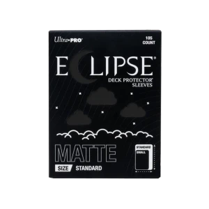 A trading card game sleeve box with the words "Eclipse Deck Protector Sleeves" in white font at the top of the otherwise black cover.  The 'c' is shaped like a crescent moon, and little cloud punch-outs across the rest of the cover reveal the black sleeves within.