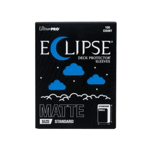 A trading card game sleeve box with the words "Eclipse Deck Protector Sleeves" in white font at the top of the otherwise black cover.  The 'c' is shaped like a crescent moon, and little cloud punch-outs across the rest of the cover reveal the deep blue  sleeves within.