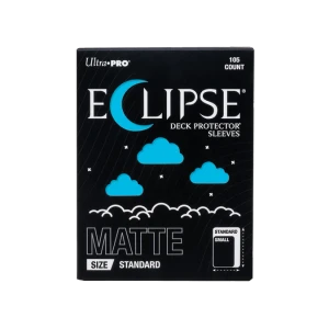 A trading card game sleeve box with the words "Eclipse Deck Protector Sleeves" in white font at the top of the otherwise black cover.  The 'c' is shaped like a crescent moon, and little cloud punch-outs across the rest of the cover reveal the sky blue sleeves within.