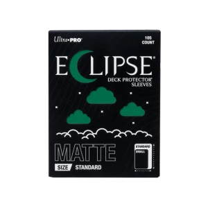 A trading card game sleeve box with the words "Eclipse Deck Protector Sleeves" in white font at the top of the otherwise black cover.  The 'c' is shaped like a crescent moon, and little cloud punch-outs across the rest of the cover reveal the green sleeves within.