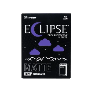 A trading card game sleeve box with the words "Eclipse Deck Protector Sleeves" in white font at the top of the otherwise black cover.  The 'c' is shaped like a crescent moon, and little cloud punch-outs across the rest of the cover reveal the purple sleeves within.
