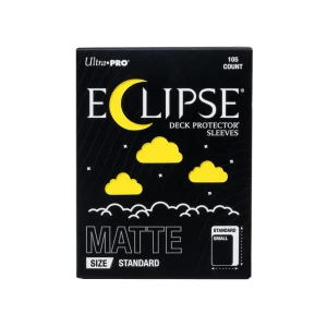 A trading card game sleeve box with the words "Eclipse Deck Protector Sleeves" in white font at the top of the otherwise black cover.  The 'c' is shaped like a crescent moon, and little cloud punch-outs across the rest of the cover reveal the yellow sleeves within.