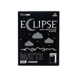 A trading card game sleeve box with the words "Eclipse Deck Protector Sleeves" in white font at the top of the otherwise black cover.  The 'c' is shaped like a crescent moon, and little cloud punch-outs across the rest of the cover reveal the grey sleeves within.