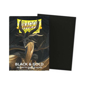 A TCG card sleeve titled "Dragon Shield Matte Dual: Black & Gold" across the top and bottom of the cover of the box.  The art features a black and gold, spikey dragon with many branching horns and a flat, snake-like face.  Beside the box is a display of the black card sleeve.