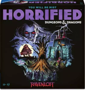 A board game titled "Horrified: Dungeons & Dragons  - Ravenloft" with the first portion of the title in large, purple text at the top and the rest in smaller font beneath teh title and at the bottom of the mostly black cover.  The art in the center features a scene designed to resemble classic horror films, with a spooky castle in the center, the face of a long-haired vampire man floating ominously above, a barn with legs walking through a field, a barren tree with many eyes and a toothy mouth, and a group of dreary villagers gathered at the bottom.