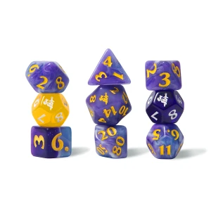 A set of 9 polyhedral dice.  8 Are purple with swirls of white and sparkles, and 1 is translucent yellow.  Some features a small dagger surrounded by swirls in place of their highest number.