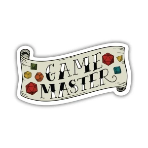 A vinyl sticker featuring a white banner with polyhedral dice around black text designed like font used in traditional American tattoos.  The text reads, "Game Master."