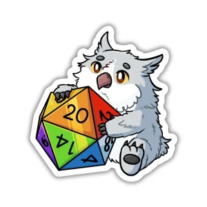 A vinyl sticker featuring a grey and white owlbear - a creature with the body of a bear and the head of a horned owl - that is holding a 20-sided die, which has a different color on each face.