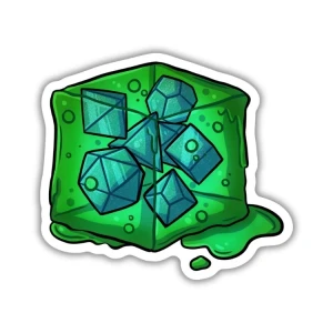 A sticker featuring a green, gelatinous cube.  A seven set of blue polyhedral deice floats inside.