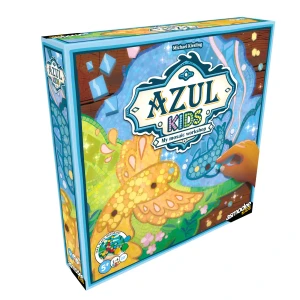A board game titled “Azul Kids” across the center of the box.  The art features two colliding mosaics of a bird and a fish on a wooden table.  More tiles are being placed by a small, tan hand.