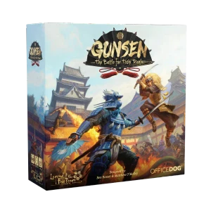 A board game titled “Gunsen: The Battle for Toshi Ranbo” across the top with artwork featuring Japanese-inspired architecture and warriors battling in a courtyard.