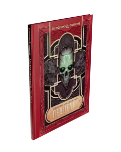 An RPG book titled “Dungeons & Dragons: Arcana Unleashed - Deadfall” at the top and in a golden, art deco plaque on the bottom.  The border of the cover is a deep red, and in the center is a skull with glowing green lights in its eye holes and a horseshoe-shaped symbol on its forehead that also glows the same ominous green.
