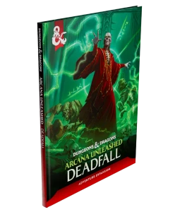 An RPG titled “Dungeons & Dragons: Arcana Unleashed - Deadfall” across the bottom of the cover.  The art above features a green, spooky realm with a red-robed undead person.  They have black tattoos across their bald head, face, and rest of body.  Around them, undead people attack mortals and more green mist gathers.