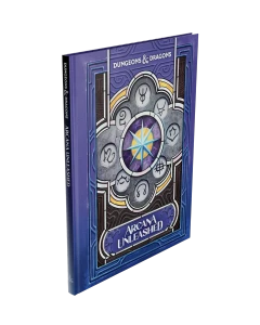 An RPG book titled “Dungeons & Dragons: Arcana Unleashed” in light, whimsical font across the top and the bottom of the cover.  The art features curving designs and framing intended to resemble a wizard’s tome with a central purple gemstone inlay and a blue star in the middle of that.  Around it are cloud-like stone inlays with circles where the bends are, each with a rune in the center.