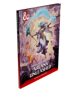 An RPG book titled “Dungeons & Dragons: Arcana Unleashed” in white font across the bottom of the cover.  The art above features a woman with tan skin and flowing white hair suspended around her like she’s in water.  She has glowing white eyes, a gold and white robe with scales along the trim of the attached cloak, and a golden staff in one hand.  She floats above a city that seems to twist upon itself around her, and two dragons circle behind.