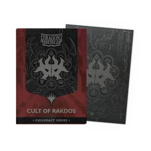 A set of card sleeves titled 'Dragon Shield: Cult of Rakdos - Guildpact Series' across the top and bottom.  The cover features a silver dragon-beetle hybrid head emblem in a black tapestry atop a red background.  To the side is an example sleeve: black, with the same dragon-beetle-thing emblem in the center.