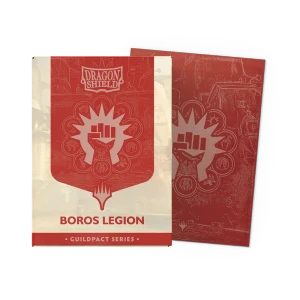 A set of card sleeves titled 'Dragon Shield: Boros Legion - Guildpact Series' across the top and bottom.  The cover features a golden fist emblem in a red tapestry atop a white background.  To the side is an example sleeve: red, with the same fist emblem in the center.