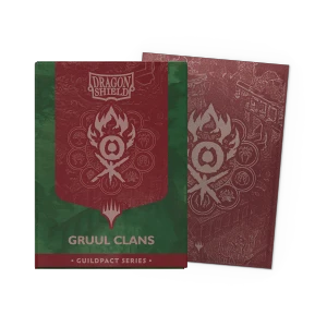 A set of card sleeves titled 'Dragon Shield: Gruul Clans - Guildpact Series' across the top and bottom.  The cover features a silver fireball emblem in a red tapestry atop a green background.  To the side is an example sleeve: red, with the same fireball emblem in the center.
