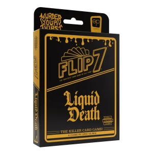 A board game titled "Flip 7: Liquid Death" in yellow font across the top and center of the otherwise black cover.  On the above hang tag is drippy text that reads "Murder your Thirst"