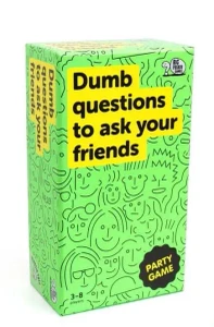 A board game titled “Dumb Questions to Ask Your Friends” in black font with a yellow bubble surrounding the text at the top of the primarily lime green box.  The art atop said green background features simplistic, cartoon drawings of a crowd of human faces.