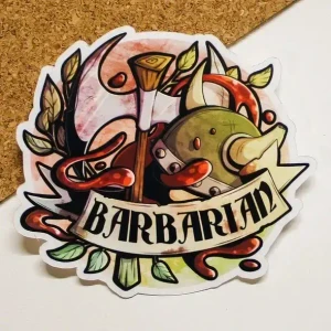 A vinyl sticker featuring a vibrant illustration of a green, horned helmet, large axe, blood splatters, and green bushels of leaves.  Below is a scroll that reads, "Barbarian," in large, black font.
