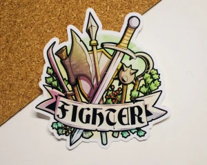 A vinyl sticker featuring a vibrant illustration of a collection of medival weapons: a sword, hand axe, morning star, sickle, scimitar, and spear - overtop of a shield and surrounded by holly leaves and berries.  Below is a scroll that reads, "Fighter," in large, black font.