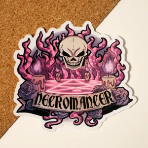 A vinyl sticker featuring a vibrant illustration of a skull floating above a glowing pink pentacle, ringed with candles and writhing tentacles.  Below is a scroll that reads, " Necromancer," in large, black font.