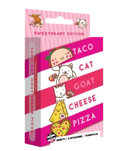 A board game titled "Taco Cat Goat Cheese Pizza" in separate diagonal lines colored pink and white in an alternating pattern down the front of the box.  Beside each word is a small cartoon representation of them.  The words "Sweetheart Edition" are written from the light pink, striped hangtag.