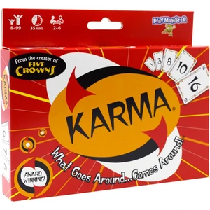 A board game titled "Karma" in black font across the center of the box.  The rest of the cover features an orange oval around the title, two circling black arrows, spreads of cards featured in the game, and a red background behind it all.