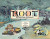 Board game box featuring game title," Root: The Riverfolk Expansion" in large, gothic font across the center of the cover, each letter backed by colorful filigree.  The art around it features an otter on traveling on a boat and a lizard with a sacrificial dagger.