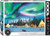 A Eurographics puzzle titled "Northern Lights" of a scene taken at night in Yellowknife, Canada. Swarling strips of radiation from our sun's rays ribbon across the night sky in green, blue, and purple.  Below is a snowy forest scape dotted with tupiq tents aglow with golden light.