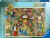 A puzzle featuring the company name "Ravensburger" in golden font on one side and the number '1000' at the top.  Within a blue-green border is a drawing of a magical bookshop with mismatched shelves and oddities littered throughout: from mushroom caps to magical globes. Books seem to leak the worlds they contain within the cubbies that house them.  Its all very maximalistic.