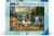 A puzzle with the words "Ravensburger Puzzle" and number '1000' at the top of the blue bordered cover.  In the center is an image of what the completed puzzle looks like, which features a scene from a campsite by a lake at the foot of a strip of snow capped mountains.  Someone sits beside their dog on a dock, and someone else sits in the doorway of a blue camping van.  A red and orang tent is set up to  the left and a fire burns in a firepit in the foreground.  The setting sun casts a golden glow over the mountains and evergreen trees around them.