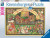 A puzzle with the words “Ravensburger Puzzle” at the top and the number ‘1000’ along the left side of the white bordered cover.  Below is an image of the finished puzzle, which features a medieval-style painting containing scenes from the Shakespeare play "The Merry Wives of Windsor" with Castle Windsor in the center and a floral border around the outside, as is characteristic of art from the time.