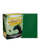 Dragon shield box featuring art of a large green fairy dragon looking at a significantly smaller green fairy dragon. To the right of the box is a sample sleeve showcasing the gem toned emerald sleeve color