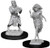An unpainted Satyr miniature with a pan flute and an unpainted Dryad miniature on a white background.
