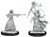 Two unpainted Female Elf Wizard miniatures on a white background. The one on the left has its arms in a dueling stance whereas the one on the right has its staff held in the air casting a spell.