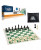 Three images: a box titled "Tournament Chess Set" with a picture of white and black chess pieces atop a green and white chess mat, a black bag big enough to hold the pieces, and a larger spread of the set-up chess mat and pieces. Three images: a box titled "Tournament Chess Set" with a picture of white and black chess pieces atop a green and white chess mat, a black bag big enough to hold the pieces, and a larger spread of the set-up chess mat and pieces.