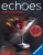 A game titled "echoes: The Cocktail" in large text that covers approximately 1/4th of the small box.  The art depicts a mostly clear coctail with an orange twist balance delicately on the rim of the martini glass.  The clear liquid within is interrupted by an expanding splash of red, which is most likely blood.  A slice of light reflects off the side of the glass, which sits atop a vague surface in a grey void.