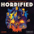 A board game titled "Horrified: Universal Monsters" in big, movie-poster-like font.  The cover art similarly mimics a classic movie poster in the way that it layers figures in the back to front to create a dynamic composition.  The colors are primarily blue, yellow, and orange, with cooler tones mostly in the back and growing warmer with the subjects in the foreground, as if they are all illuminated by fire.  The figures are, from top left to bottom right, as follows: a castle, Dracula (a man with pale skin, dark, slicked back hair, and a cape with a raised collar), Frankenstein (the movie depiction that differs greatly from the original novel; the creature has a large, flat head with dark hair helmeting it, a heavy brow over dooping eyes, bolts sticking out from his neck, and a sharp suit and sweater combo common in casual goth styles), The Mummy (a crusty man with pale skin for some reason and bandages hanging from his body), The Invisible Man (made visible by bandages and a trench coat), The Wolf Man (A fuzzy guy with mildly tatterd garments, claws, snarling muzzle, and is peaking from behind a tree playfully) , and The Creature from the Black Lagoon (a fish man with gills running up the sides of his face, flawed and webbed hands, and chest deep in said lagoon).  The background framing the art is black.