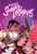 An RPG titled "Thirsty Sword Lesbians" in dynamic, neon font at the top of the cover.  Below is a scene of two femme-presenting people crossing swords in a seemingly heated battle.  The figure on the left is tall, lithe, and tan-skinned with short cropped dark hair, purple eyeshadow, dark lipstick, and wears primarily white plate armor with gold filigree detailing and peacock feather designs incorporated throughout.  Their sword is a glowing blade that matches their armor.  The other person is shorter with darker skin and round features.  They are shorter than the other person, and have long, bright pink locks that seem to glitch around their face like they are digitally rendered.  They wear a pink suit jacket with black tassels running down the arms, a wide-brimmed black hat patterned to match their clothes, and they wield a katana.  Where the former figure's expression is determined and stony, the other is smiling confidently.  Behind them is a gradient of pink, purple, and blue.