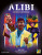 Board game titled "Alibi" in large, white font across the top of the box.  The cover art features a bearded man in a brown vest, purple shirt, and red bow tie; a man with a white suit jacket and a blue shirt; and a woman with a purple dress and a large purple hat with peacock feathers and a large orange bow. Board game titled "Alibi" in large, white font across the top of the box.  The cover art features a bearded man in a brown vest, purple shirt, and red bow tie; a man with a white suit jacket and a blue shirt; and a woman with a purple dress and a large purple hat with peacock feathers and a large orange bow.