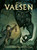 An RPG book titled "Vaesen" in large, gold font at the top of the cover.  The art below is washed in green contrasted by the yellow light of a lamp in the hands of a man.  He wears a fedora and trench, has short cropped hair and a curled mustache, and brandishes a pistol in his free hand.  The man is travelling through a darkened wood, rounding the side of a large builder smoothed  by rain and capped in moss.  On just the other side, out of his line of sight, looks a massive being with towering antlers, long arms with hands tipped in curved claws, and a lipless, toothy grin.  Above the sneering maw are two pricks of yellow light for eyes. An RPG book titled "Vaesen" in large, gold font at the top of the cover.  The art below is washed in green contrasted by the yellow light of a lamp in the hands of a man.  He wears a fedora and trench, has short cropped hair and a curled mustache, and brandishes a pistol in his free hand.  The man is travelling through a darkened wood, rounding the side of a large builder smoothed  by rain and capped in moss.  On just the other side, out of his line of sight, looks a massive being with towering antlers, long arms with hands tipped in curved claws, and a lipless, toothy grin.  Above the sneering maw are two pricks of yellow light for eyes.