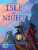 The Board Game "Isle of Night" which features a person and a dog riding on a boat with a lamp. In the background, a tropical island with steep cliffs and lush greenery. The sky is filled with pink sunset clouds as the night approaches.