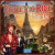 Board game titled "Ticket to Ride - Paris" featuring art of multiple people, dressed in clothes from the 1920's standing in front of an old-timey car. In the far background the Eiffel Tower rises above the sunset. To the sides lie art-deco apartment buildings.