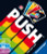 A card game titled "PUSH" in big, white font diagonal across the primarily black cover.  From the title extends stripes of color that match the colors on the cards.  Above the title is a spread of cards found within.