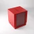 A deck box with a red cloth exterior.  Embossed on the lid is Gamegenic's logo.  On the front is a clear, hard plastic display for a card